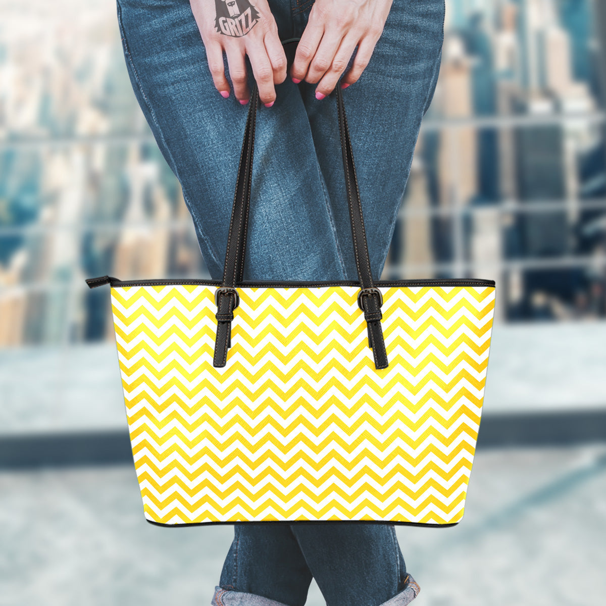 Yellow Zigzag Print Pattern Leather Tote Bag-grizzshop