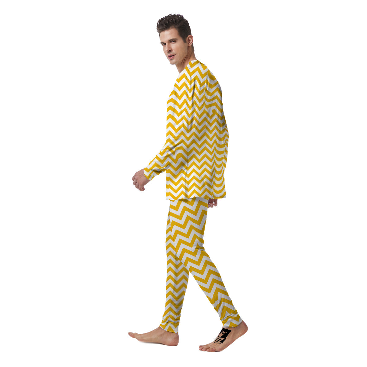 Yellow Zigzag Print Pattern Men's Pajamas-grizzshop