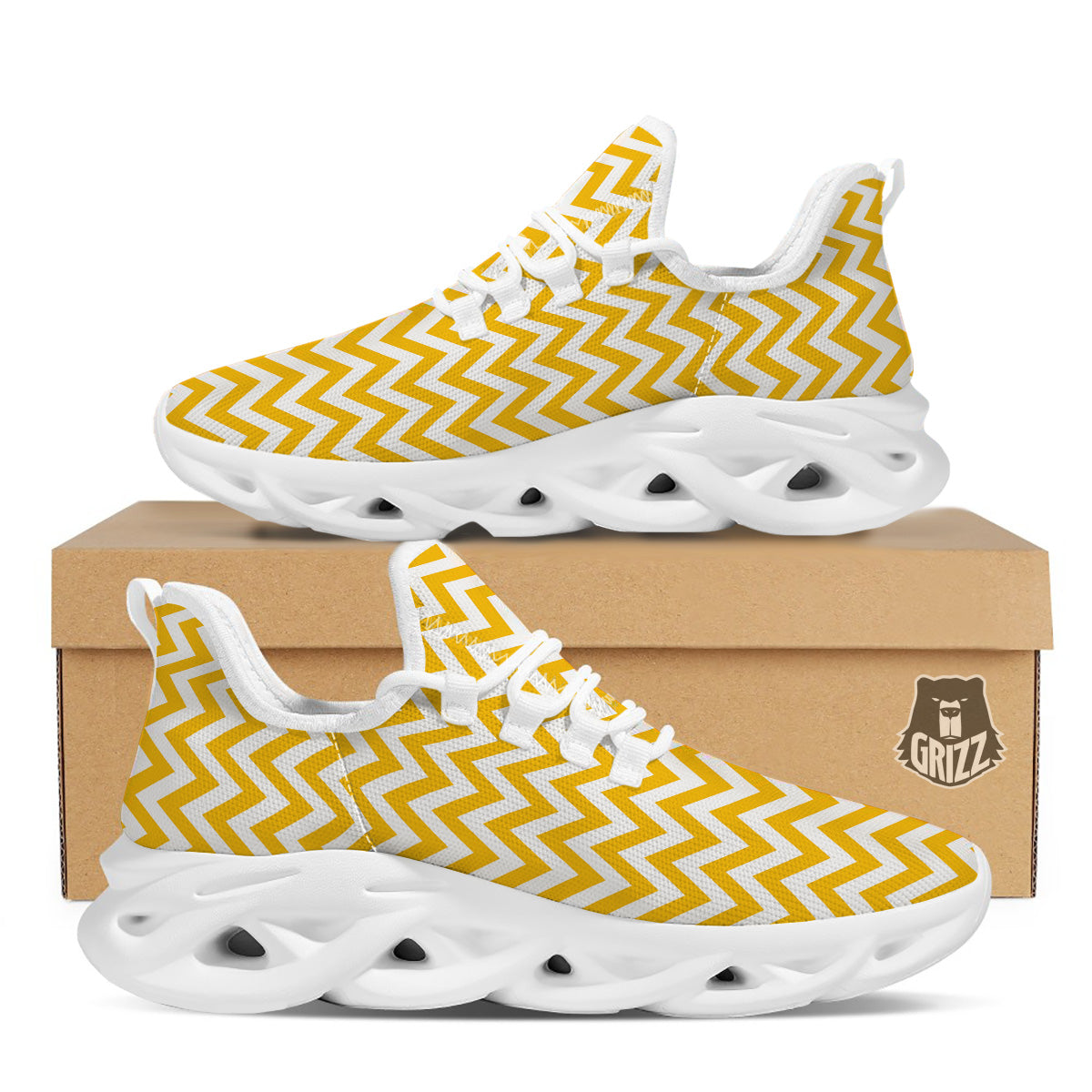 Yellow Zigzag Print Pattern White Running Shoes-grizzshop
