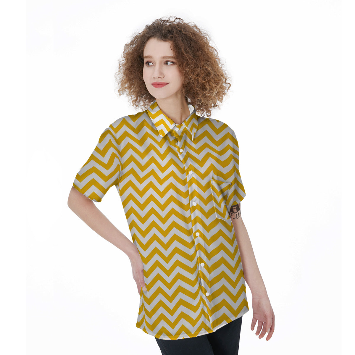 Yellow Zigzag Print Pattern Women's Short Sleeve Shirts-grizzshop