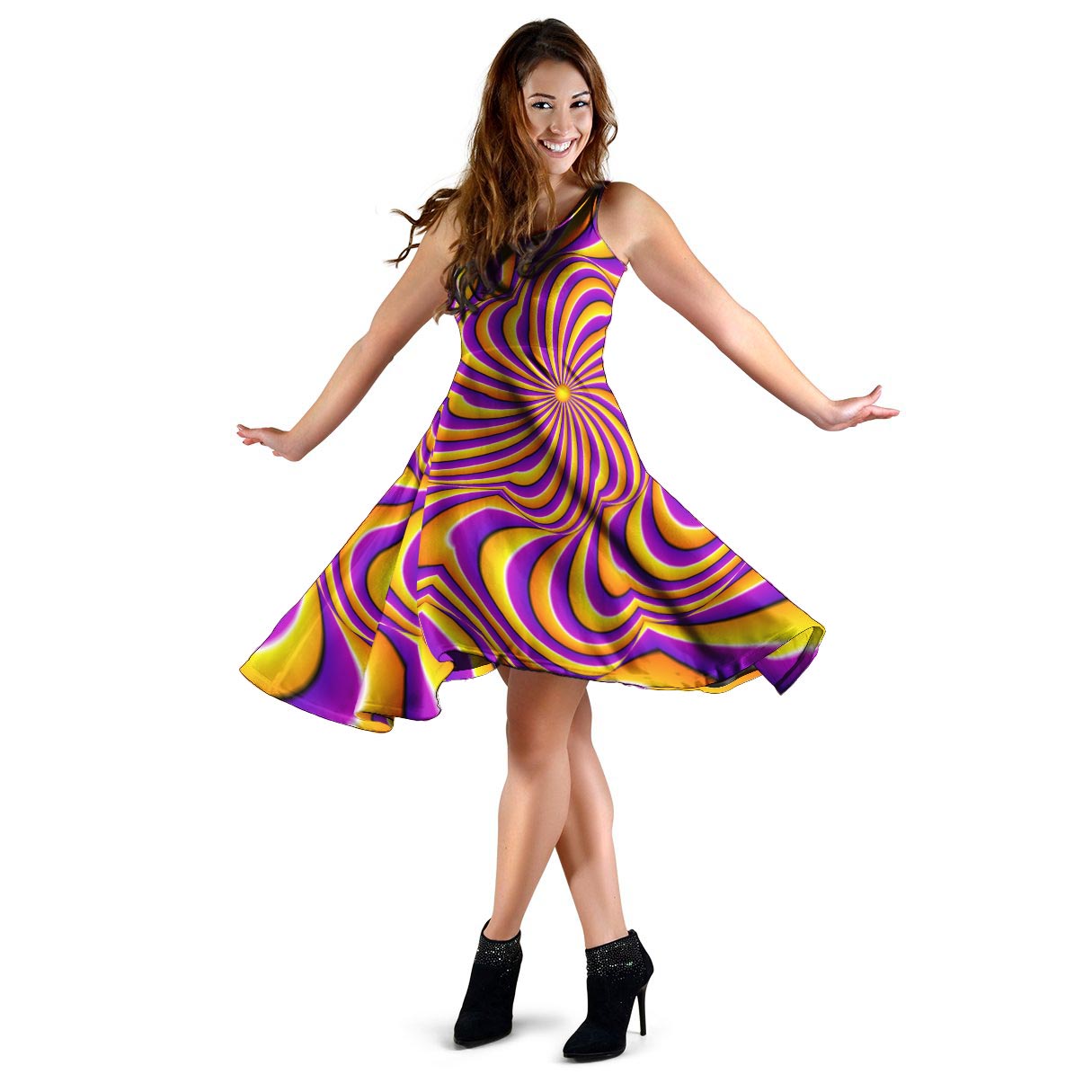 Yellow and purple spin illusion. Dress-grizzshop