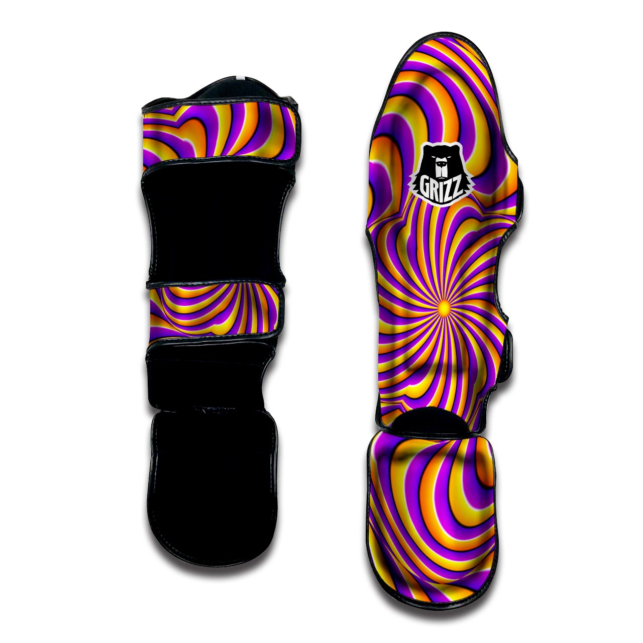 Yellow and purple spin illusion. Muay Thai Shin Guard-grizzshop