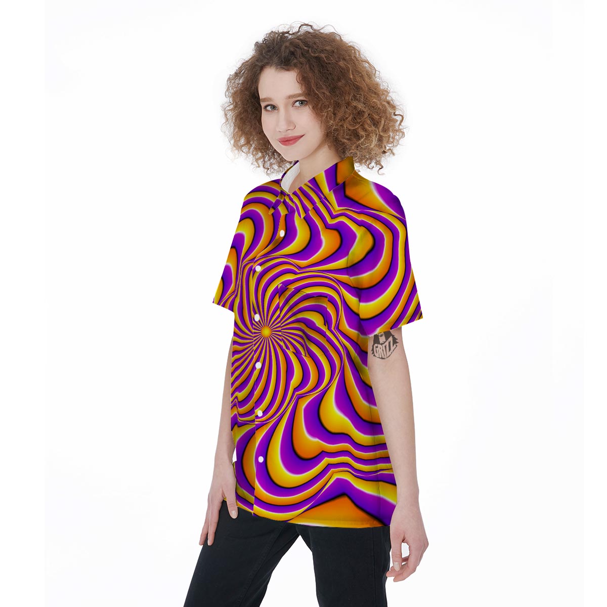 Yellow and purple spin illusion. Women's Short Sleeve Shirts-grizzshop