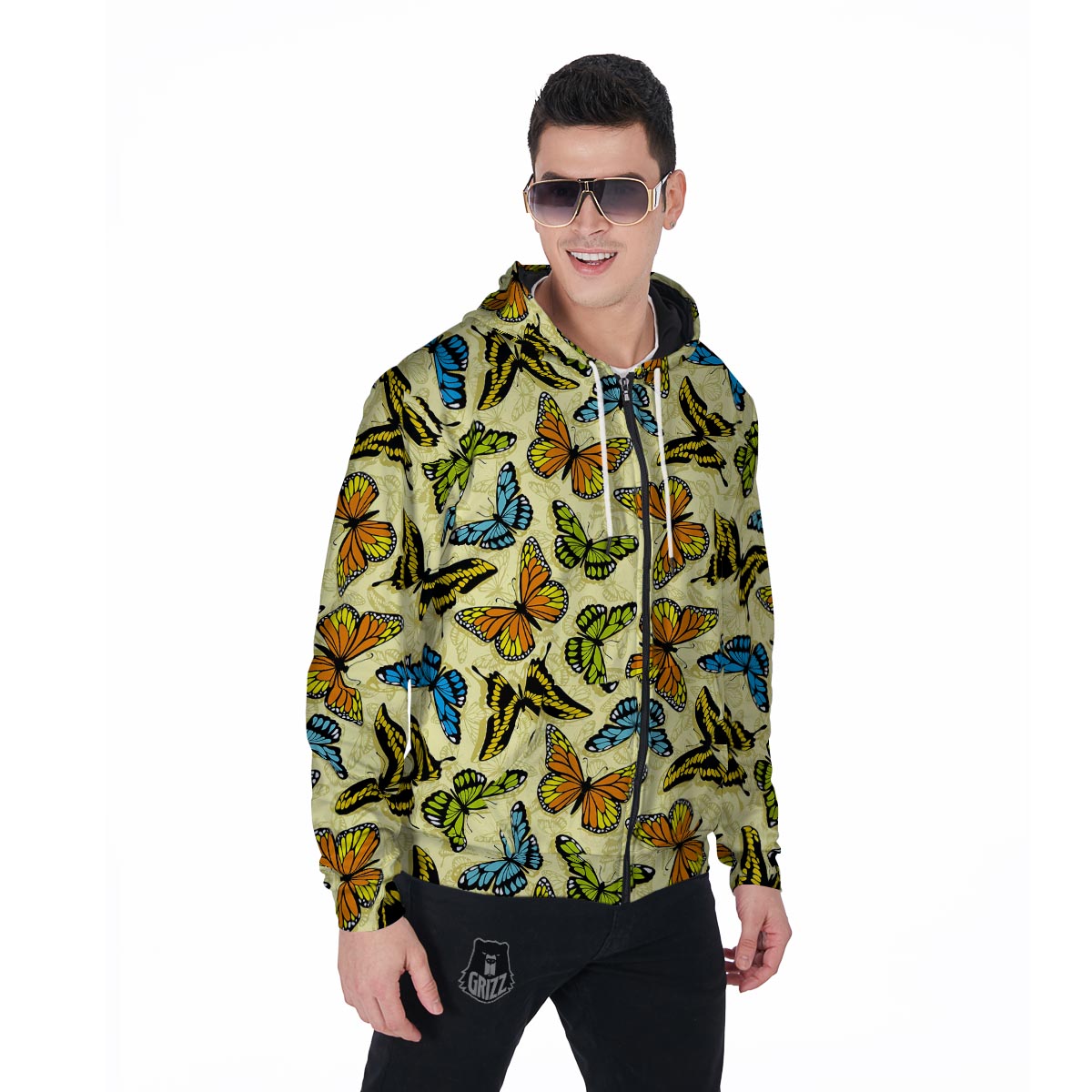 Yellow Butterfly Pattern Print Men's Zip Up Hoodie-grizzshop