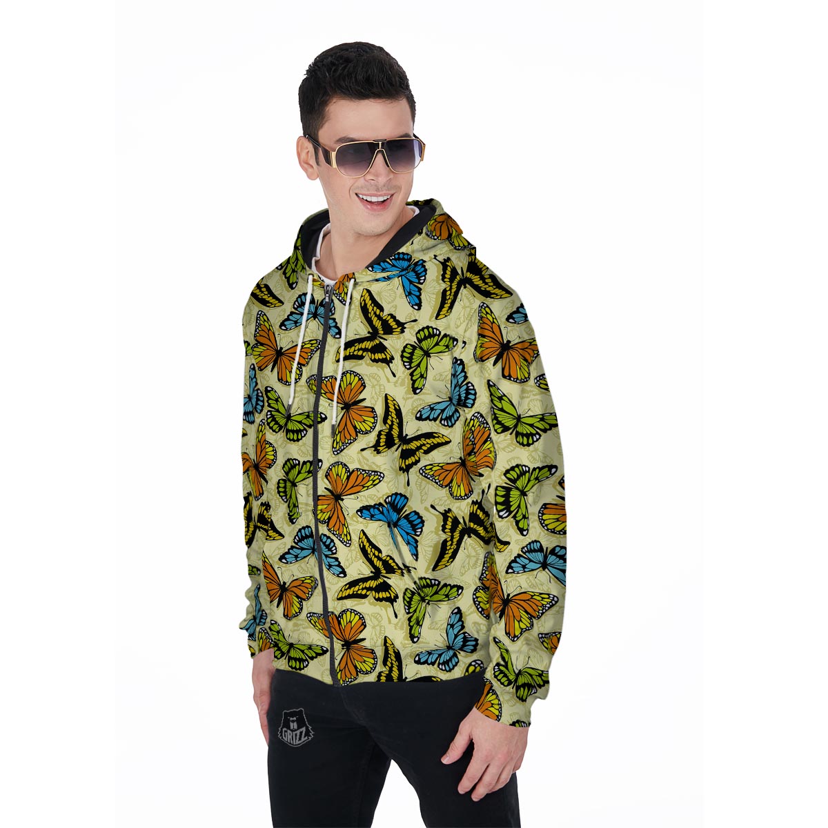 Yellow Butterfly Pattern Print Men's Zip Up Hoodie-grizzshop