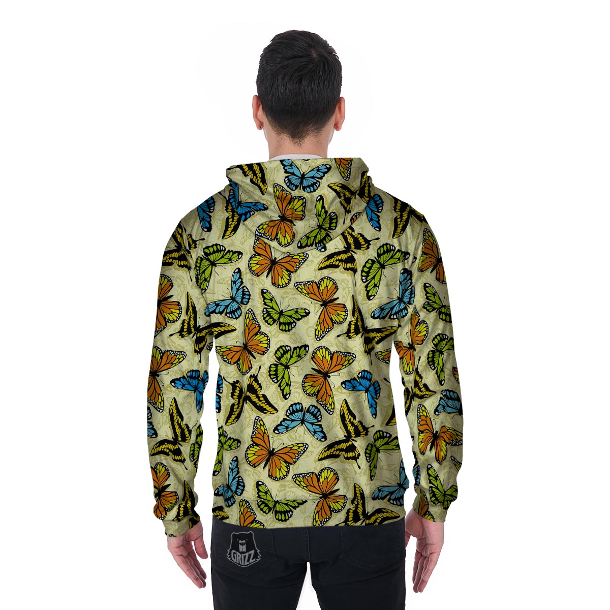 Yellow Butterfly Pattern Print Men's Zip Up Hoodie-grizzshop