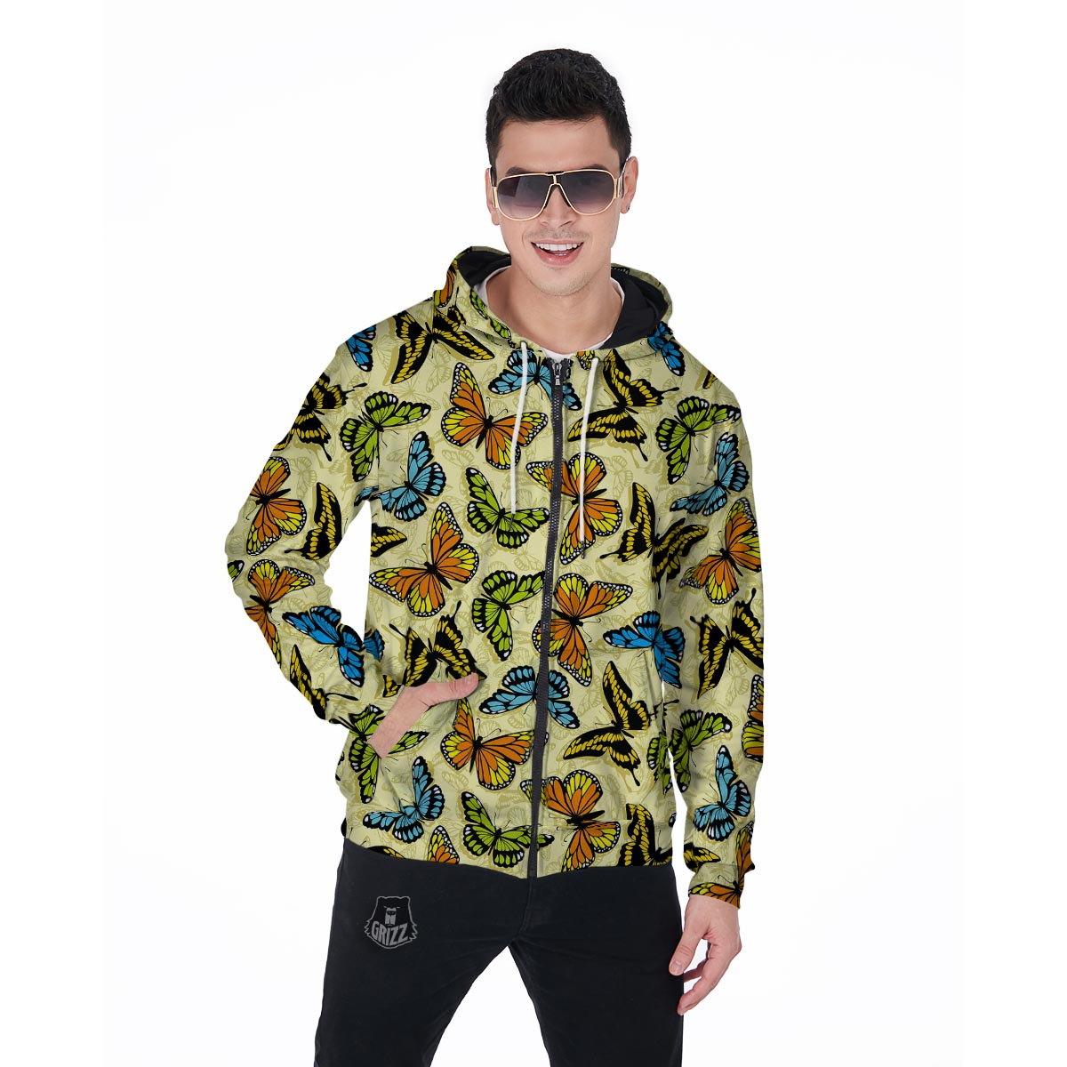 Yellow Butterfly Pattern Print Men's Zip Up Hoodie-grizzshop