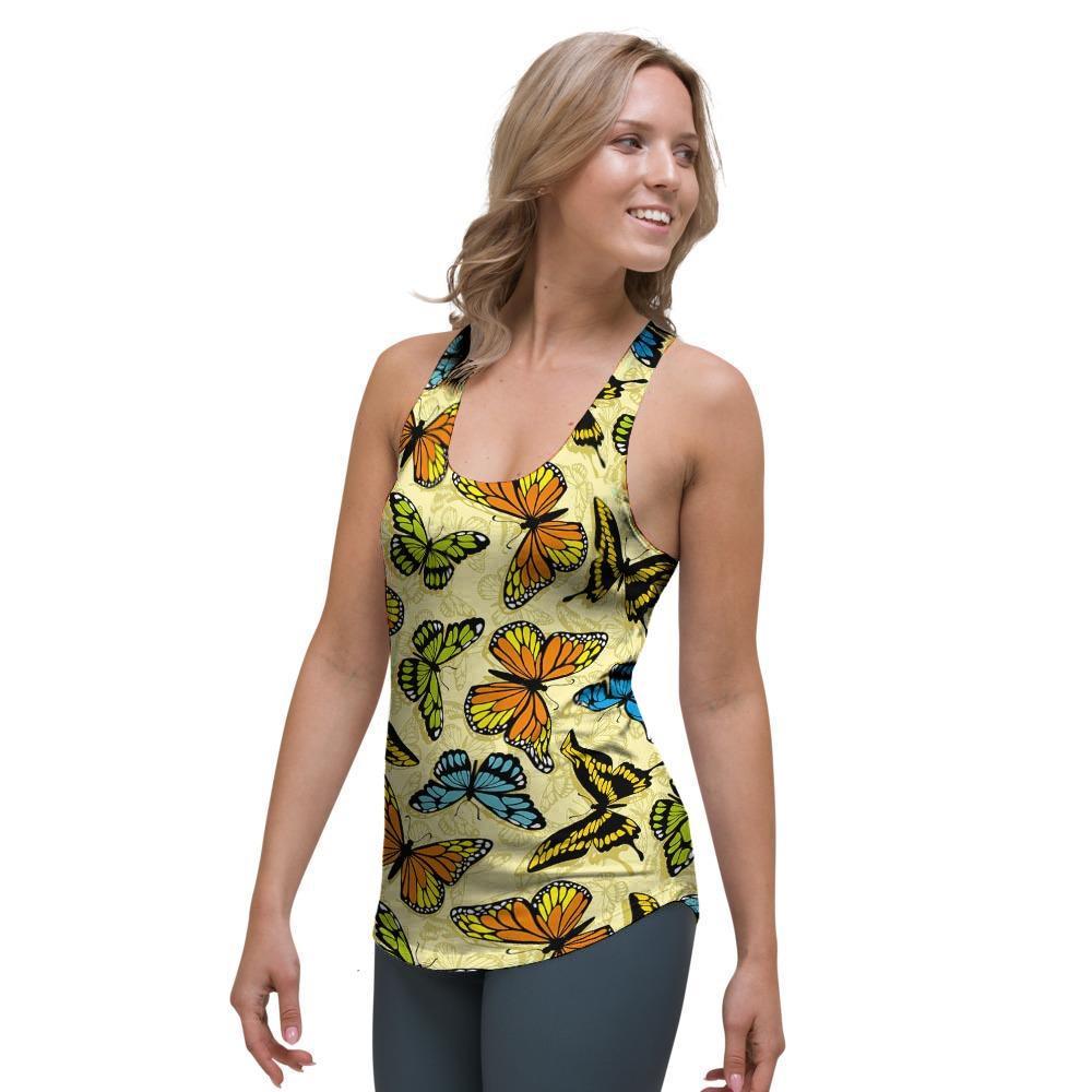 Yellow Butterfly Pattern Print Women's Racerback Tank Top-grizzshop