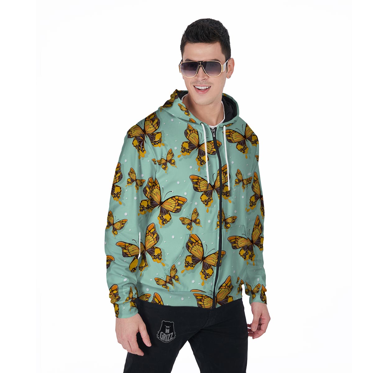 Yellow Butterfly Print Men's Zip Up Hoodie-grizzshop