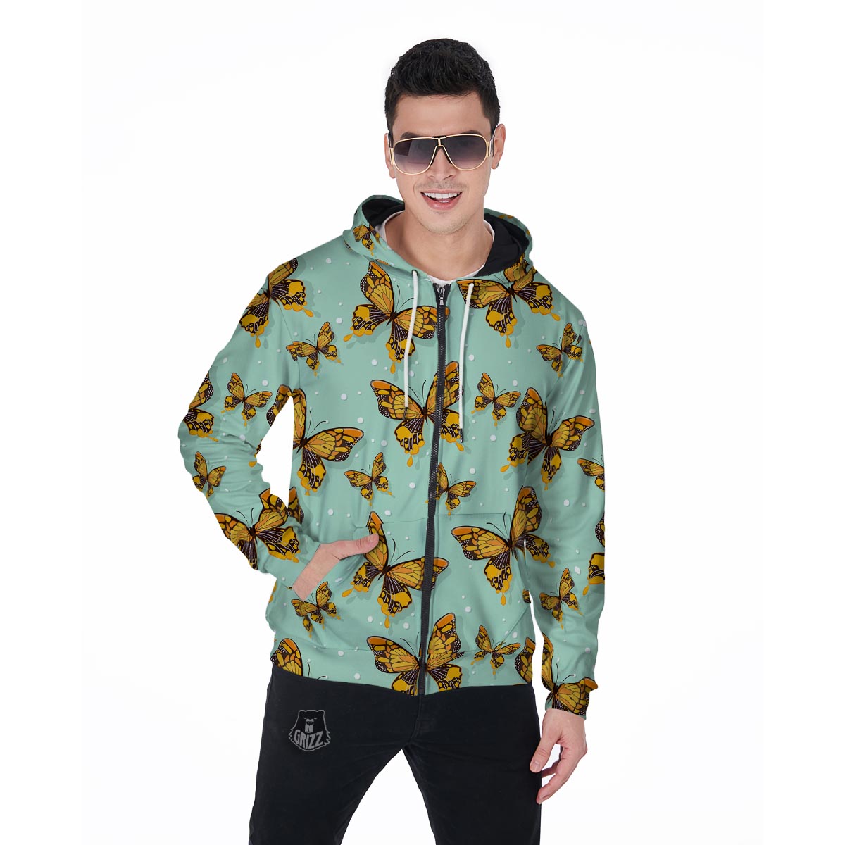 Yellow Butterfly Print Men's Zip Up Hoodie-grizzshop