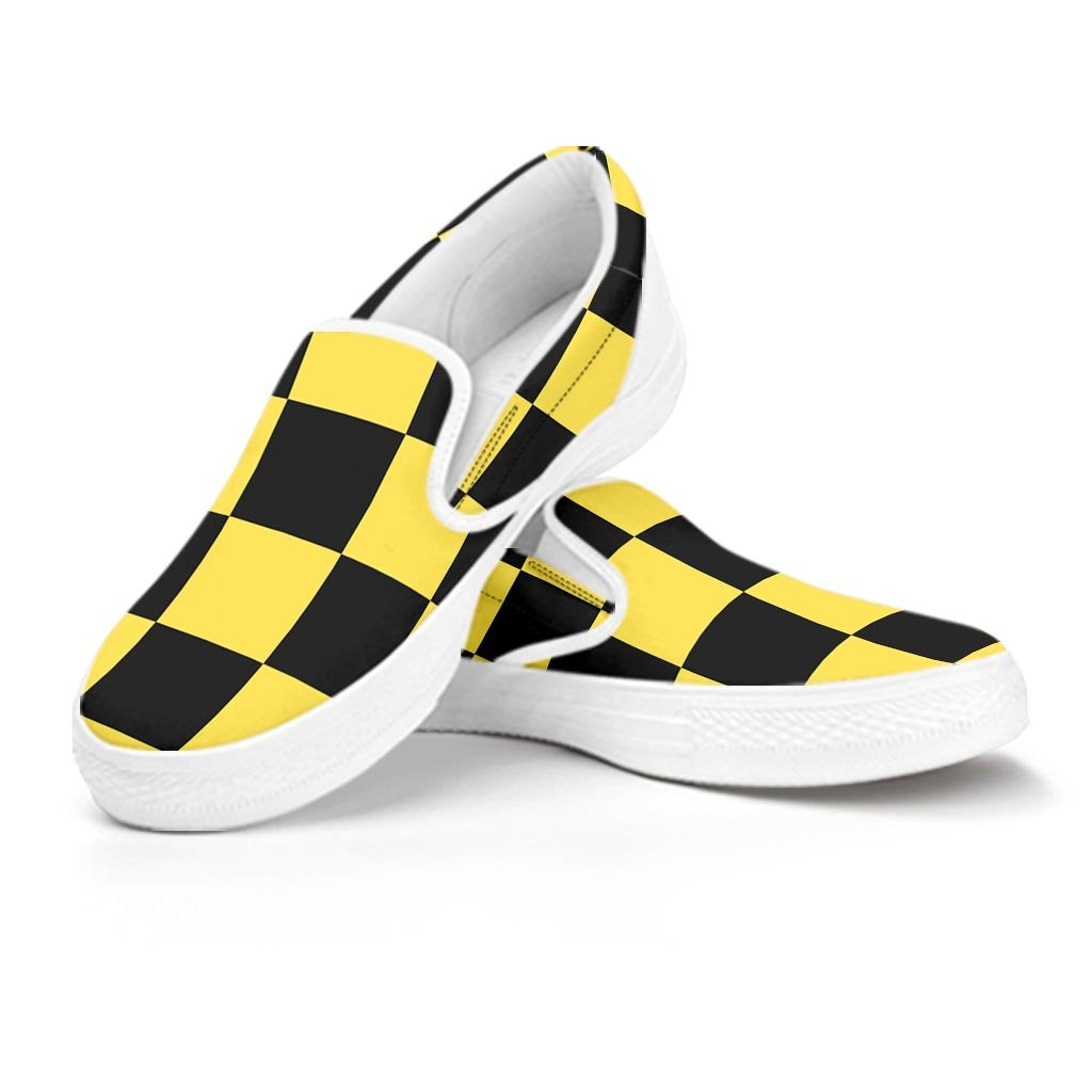 Yellow Checkered Print Men's Slip On Sneakers-grizzshop