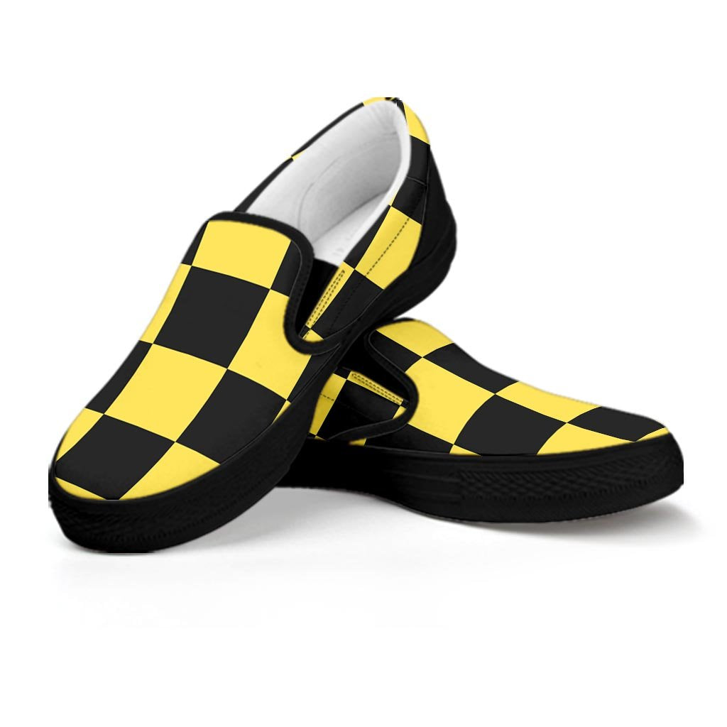 Yellow Checkered Print Men's Slip On Sneakers-grizzshop