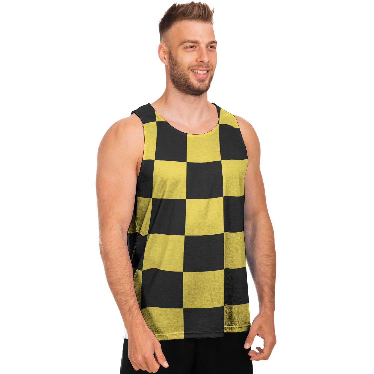 Yellow Checkered Print Men's Tank Tops-grizzshop