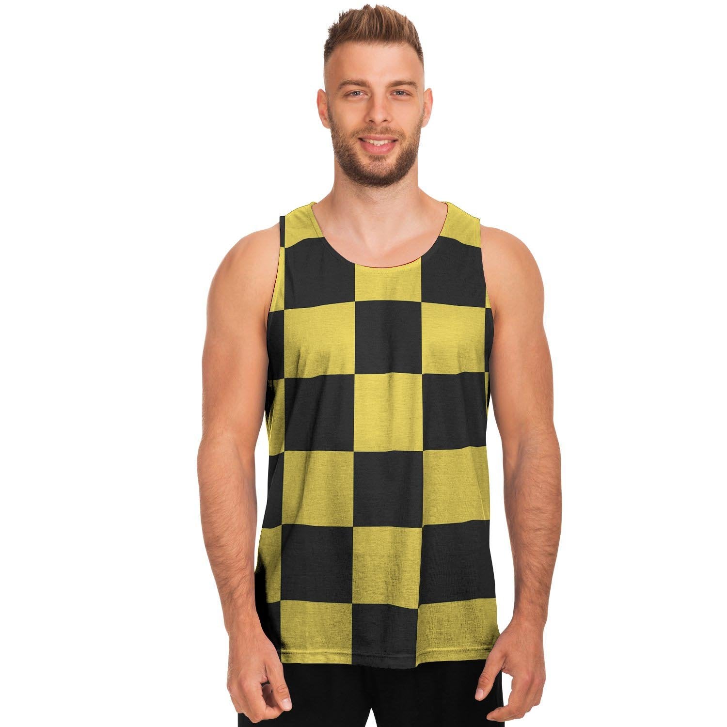 Yellow Checkered Print Men's Tank Tops-grizzshop