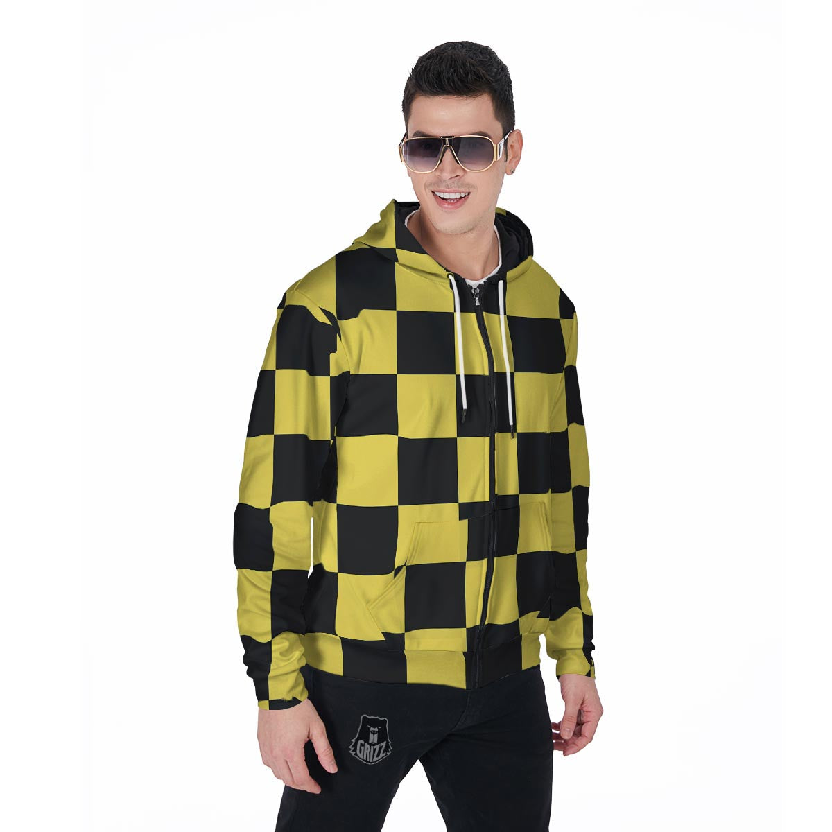 Yellow Checkered Print Men's Zip Up Hoodie-grizzshop