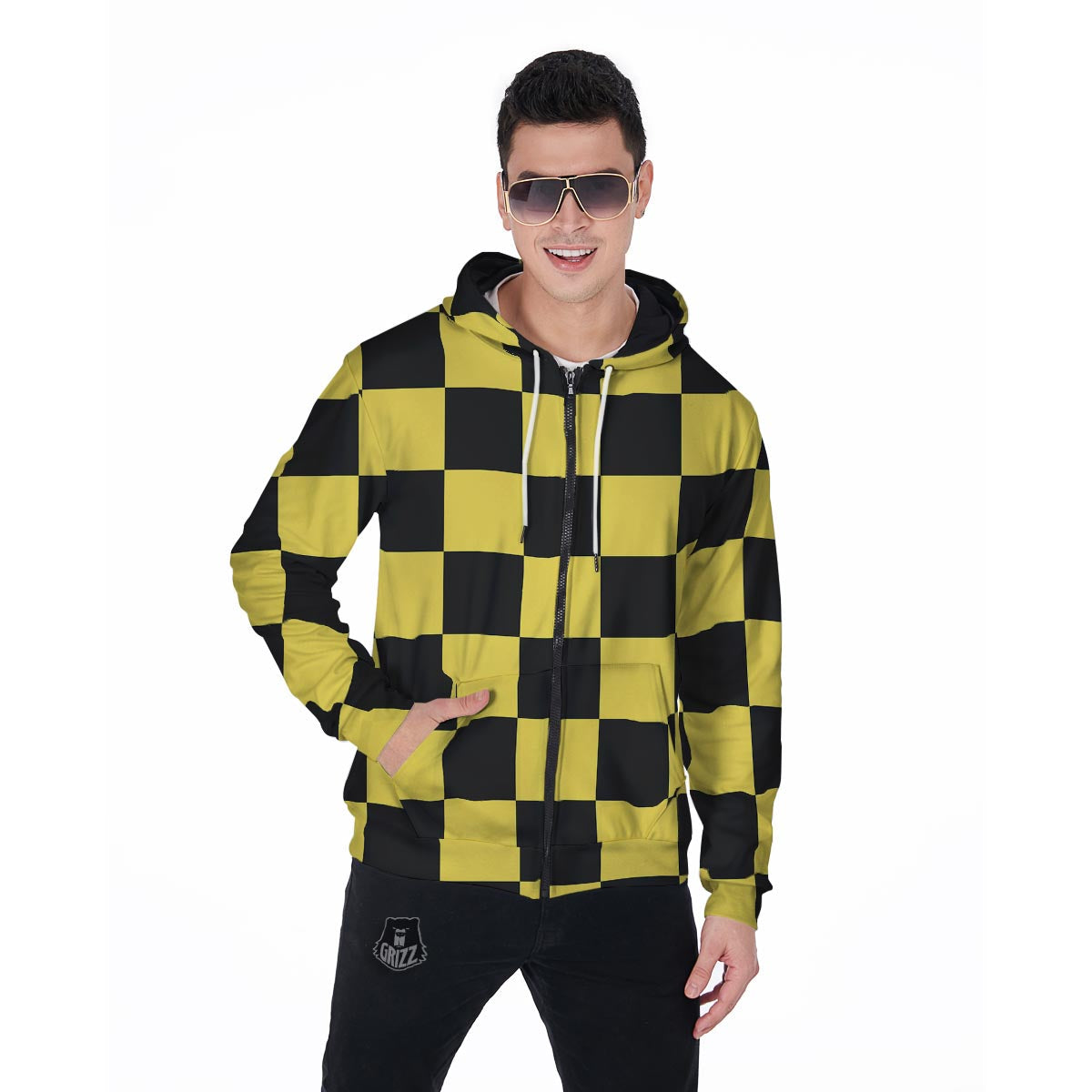 Yellow Checkered Print Men's Zip Up Hoodie-grizzshop