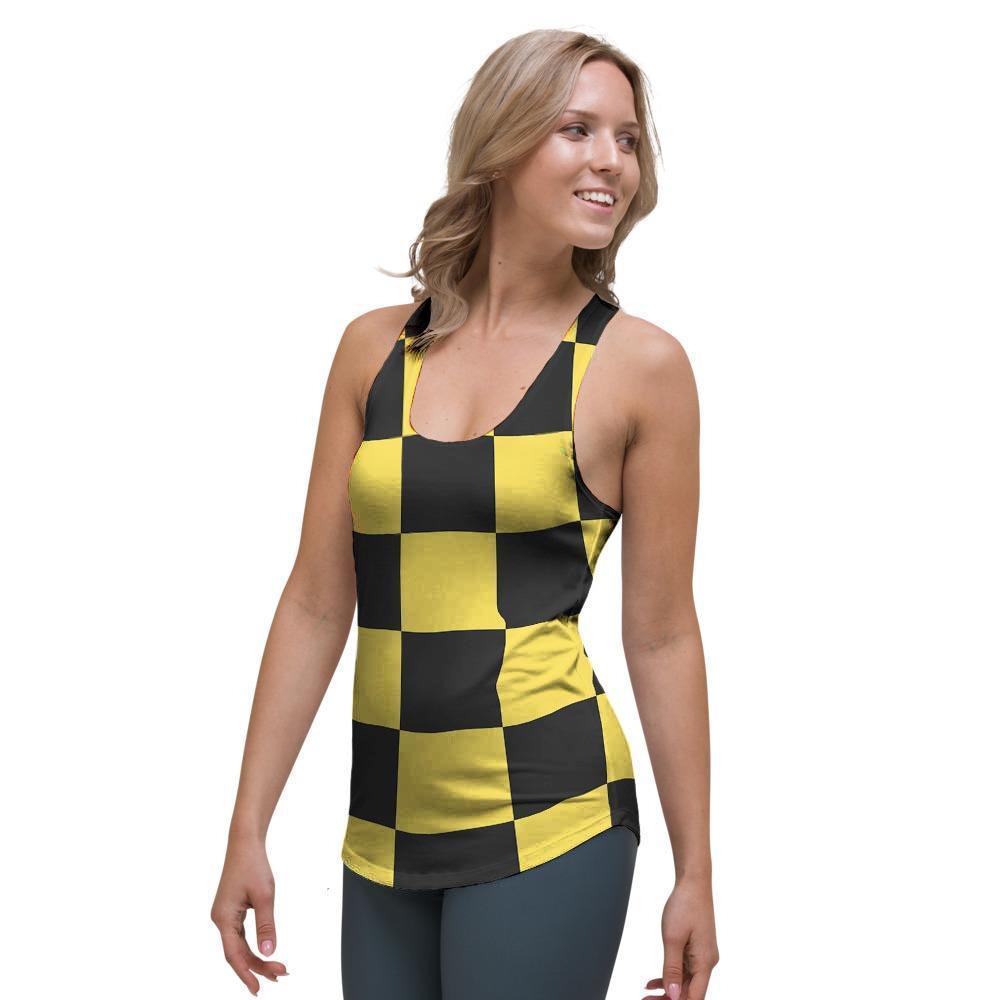 Yellow Checkered Print Women's Racerback Tank Top-grizzshop