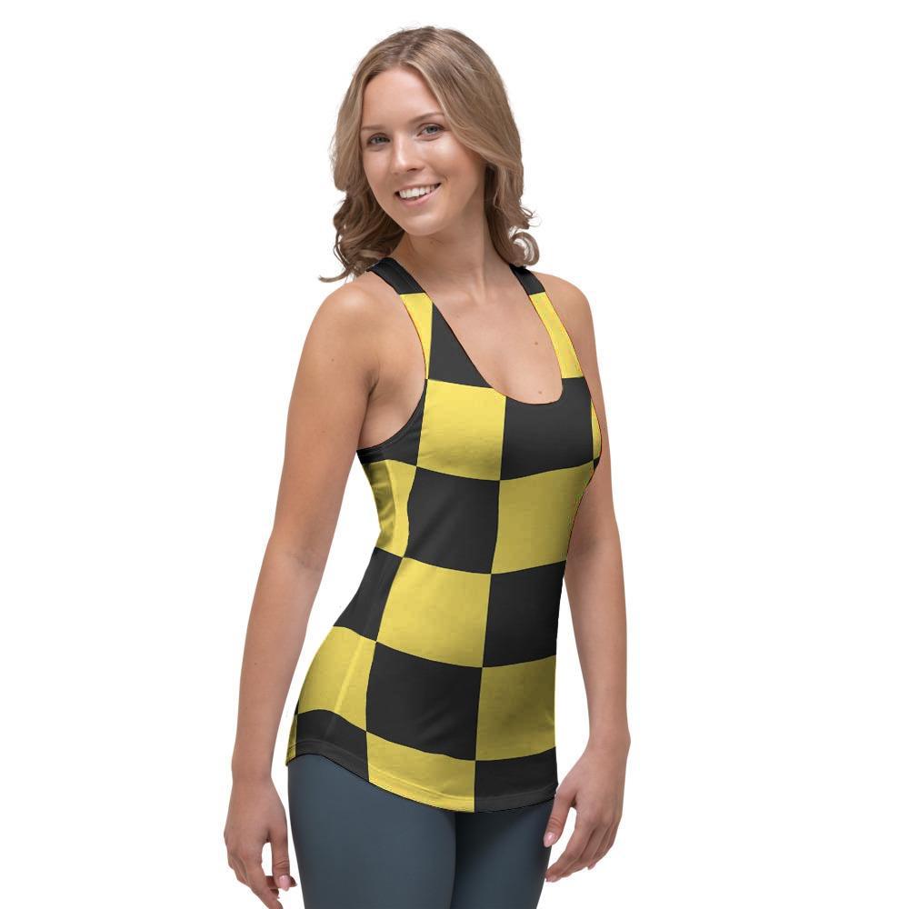 Yellow Checkered Print Women's Racerback Tank Top-grizzshop