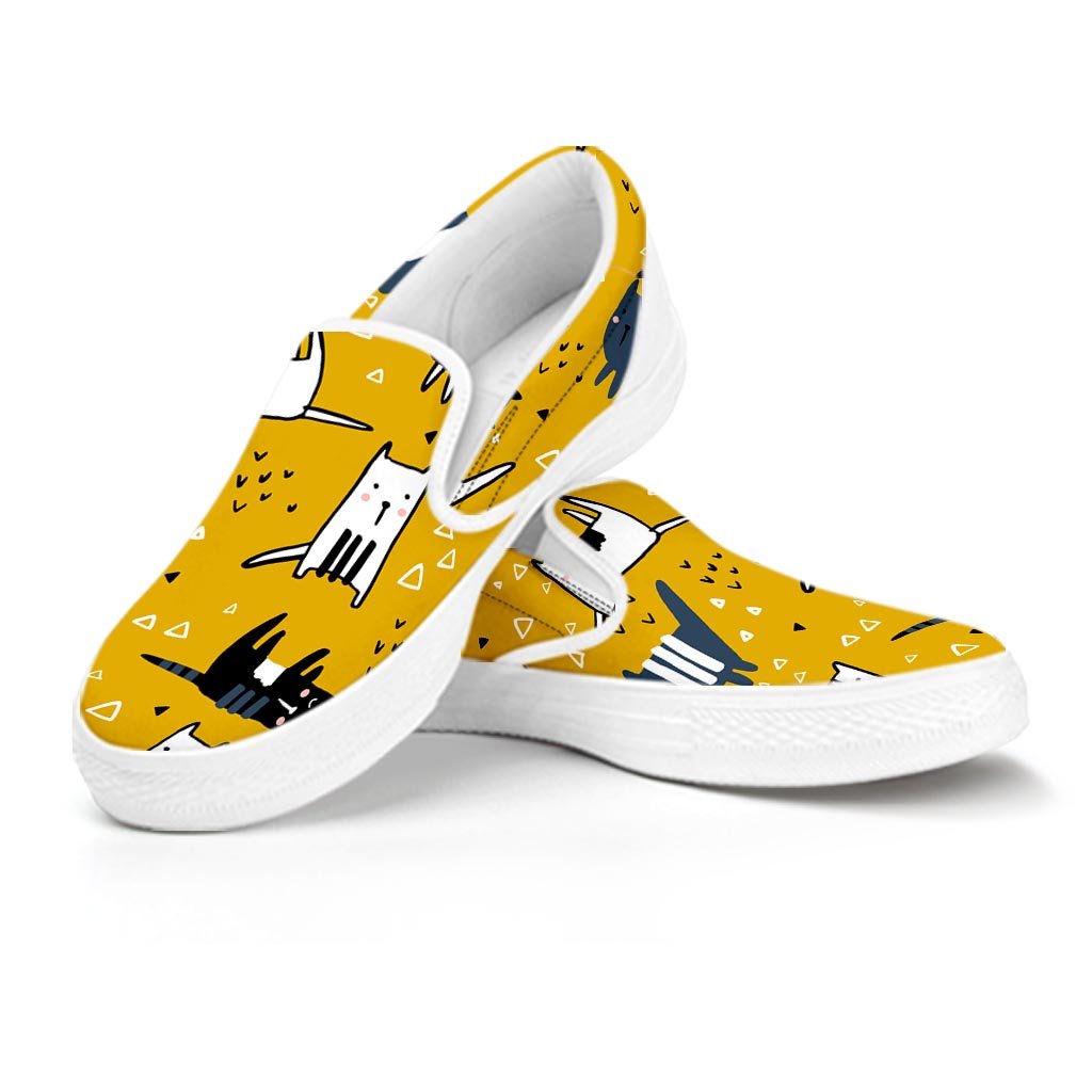 Yellow Doodle Cat Print Men's Slip On Sneakers-grizzshop