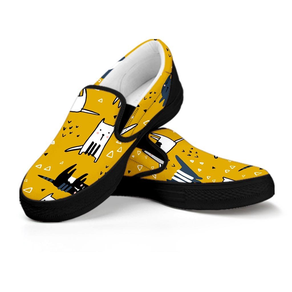 Yellow Doodle Cat Print Men's Slip On Sneakers-grizzshop
