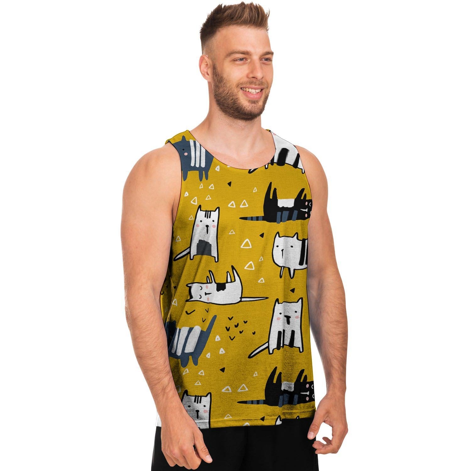 Yellow Doodle Cat Print Men's Tank Tops-grizzshop