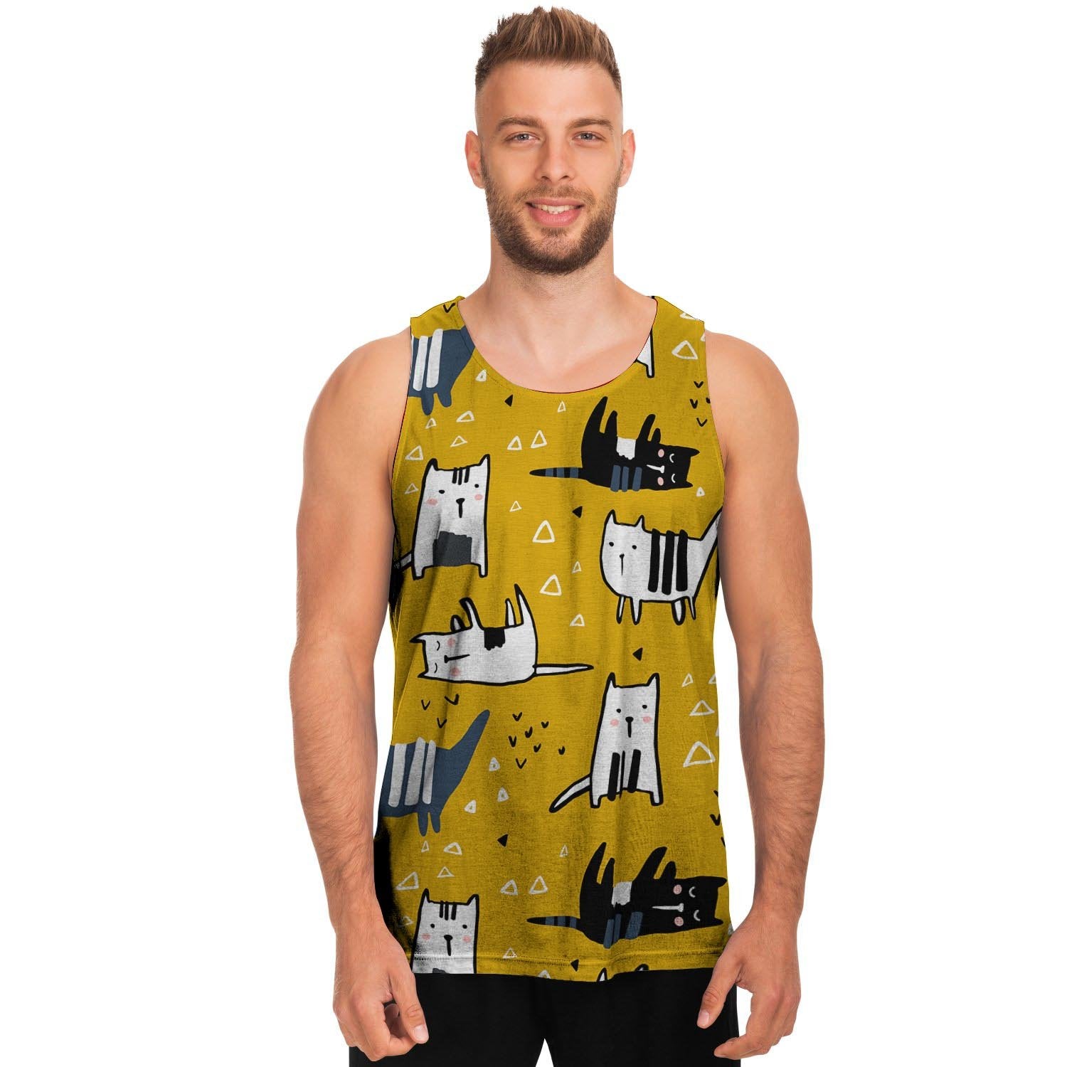Yellow Doodle Cat Print Men's Tank Tops-grizzshop
