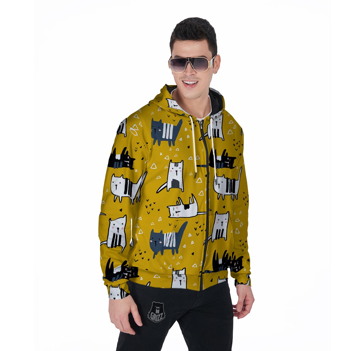 Yellow Doodle Cat Print Men's Zip Up Hoodie-grizzshop