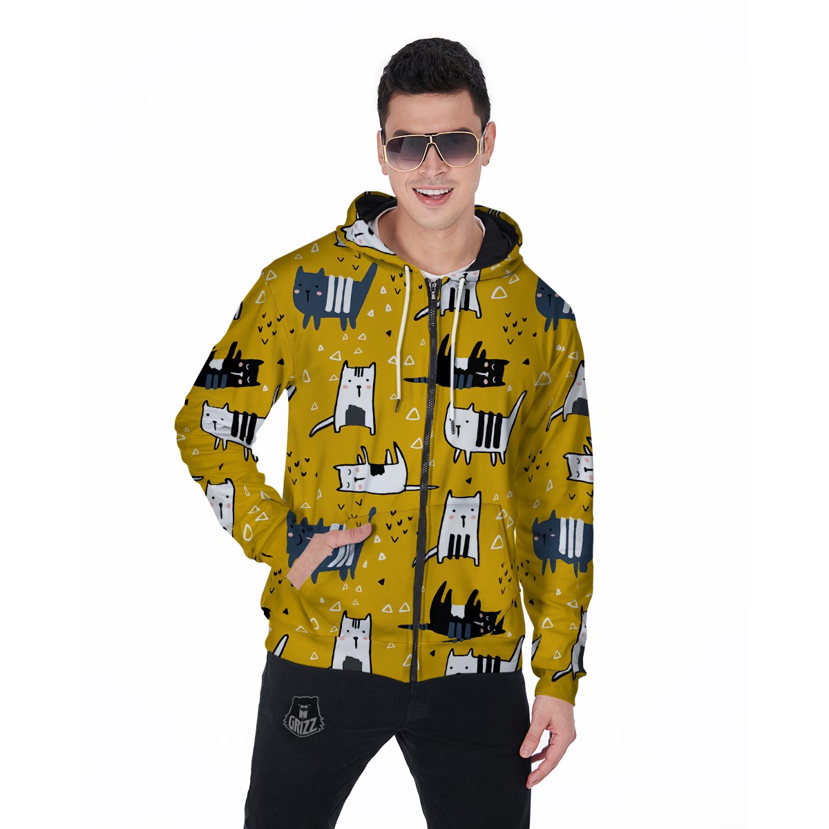 Yellow Doodle Cat Print Men's Zip Up Hoodie-grizzshop