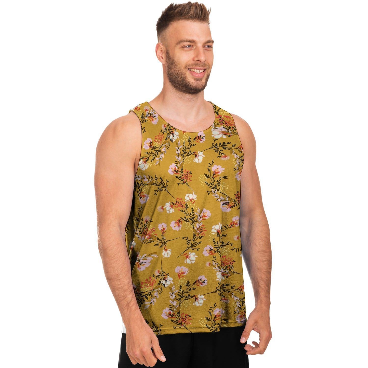 Yellow Floral Retro Print Men's Tank Tops-grizzshop