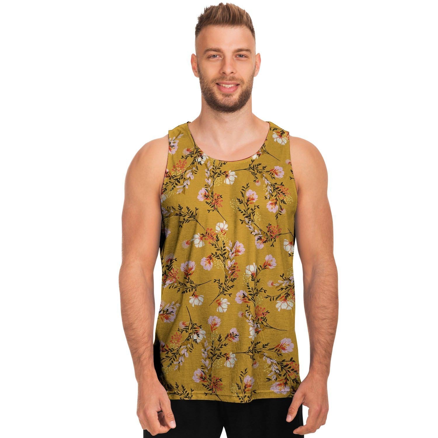 Yellow Floral Retro Print Men's Tank Tops-grizzshop