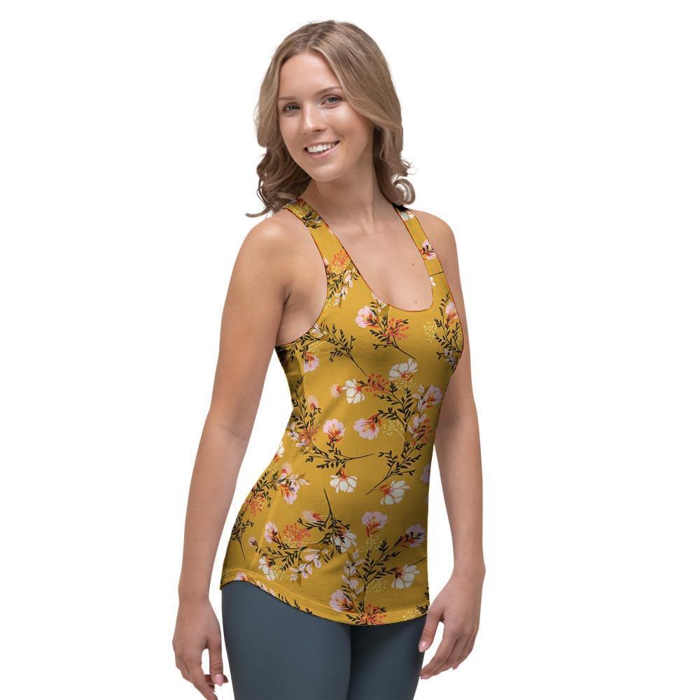 Yellow Floral Retro Print Women's Racerback Tank Top-grizzshop