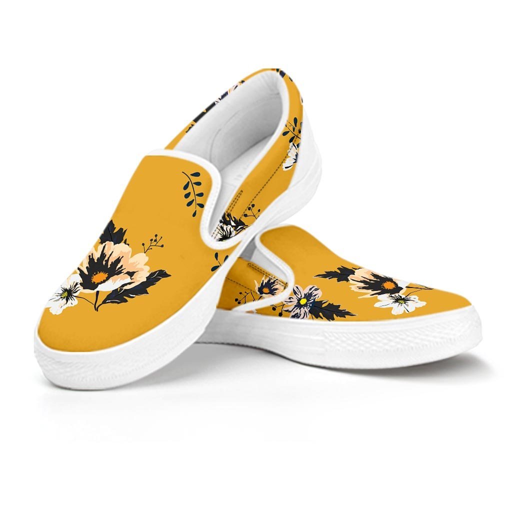Yellow Flower Print Men's Slip On Sneakers-grizzshop