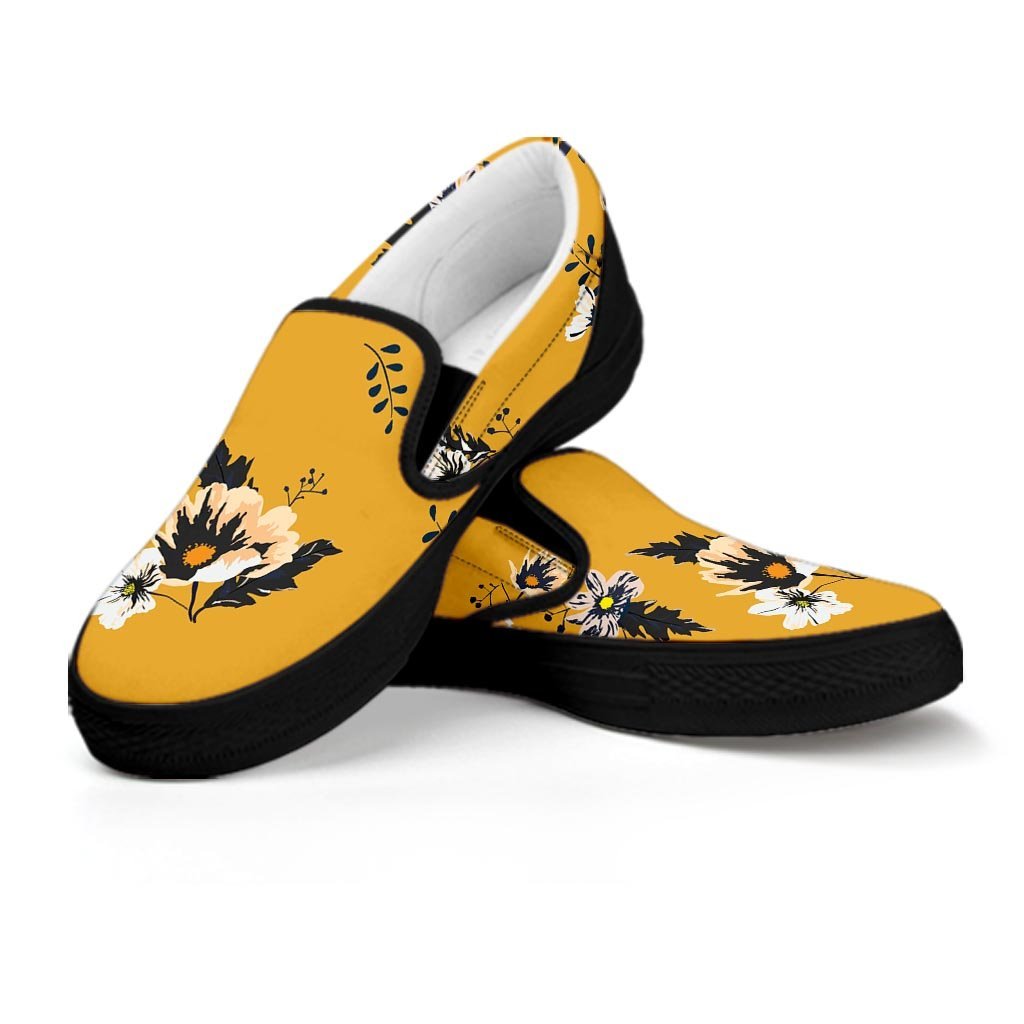 Yellow Flower Print Men's Slip On Sneakers-grizzshop