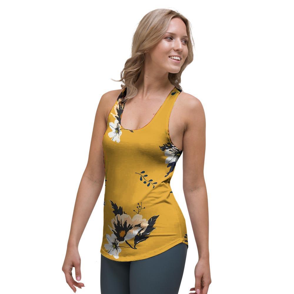 Yellow Flower Print Women's Racerback Tank Top-grizzshop