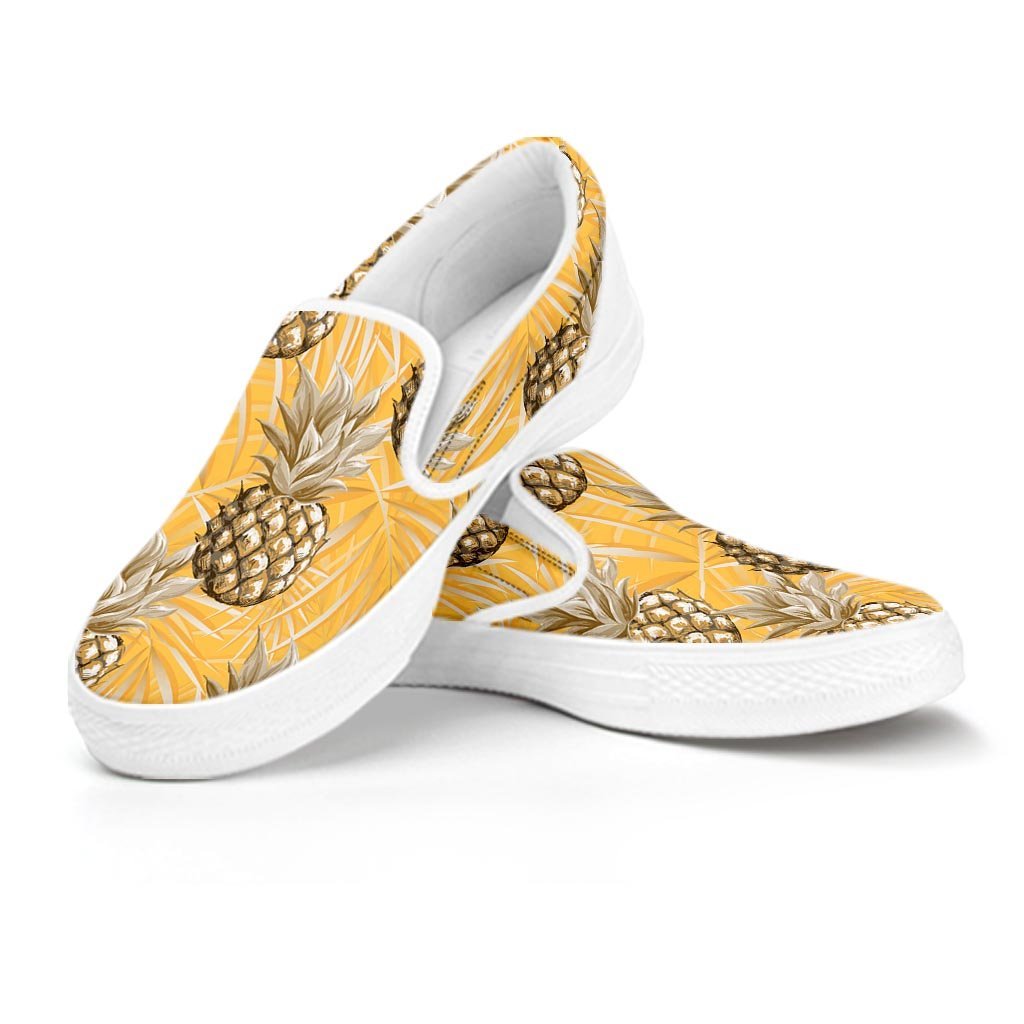 Yellow Hawaiian Pineapple Print Men's Slip On Sneakers-grizzshop