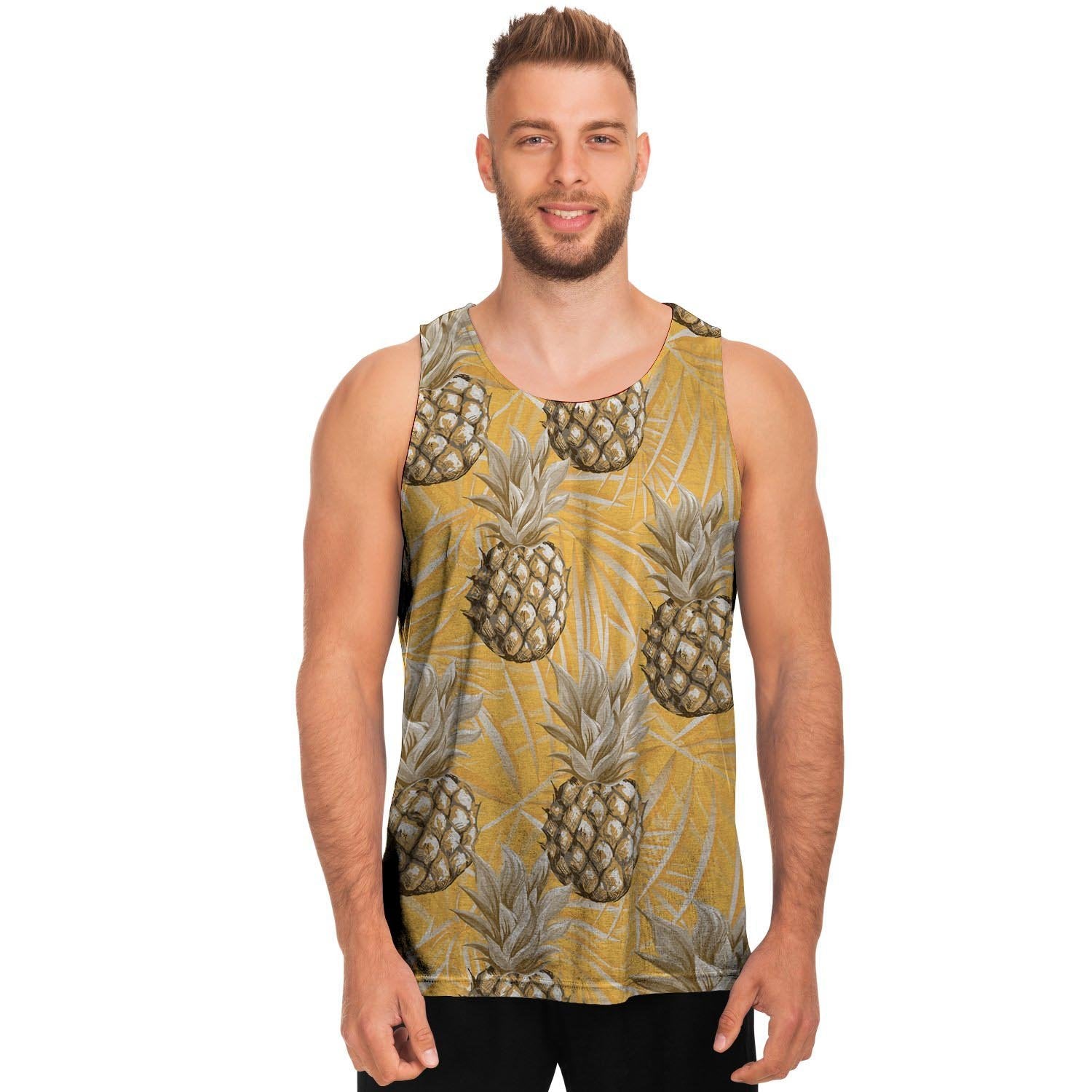 Yellow Hawaiian Pineapple Print Men's Tank Tops-grizzshop