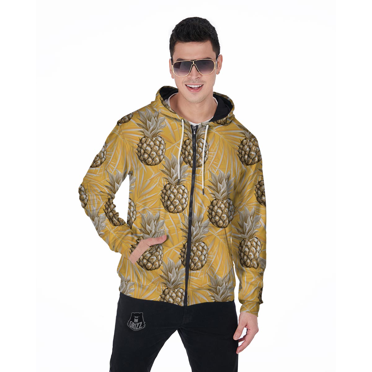 Yellow Hawaiian Pineapple Print Men's Zip Up Hoodie-grizzshop