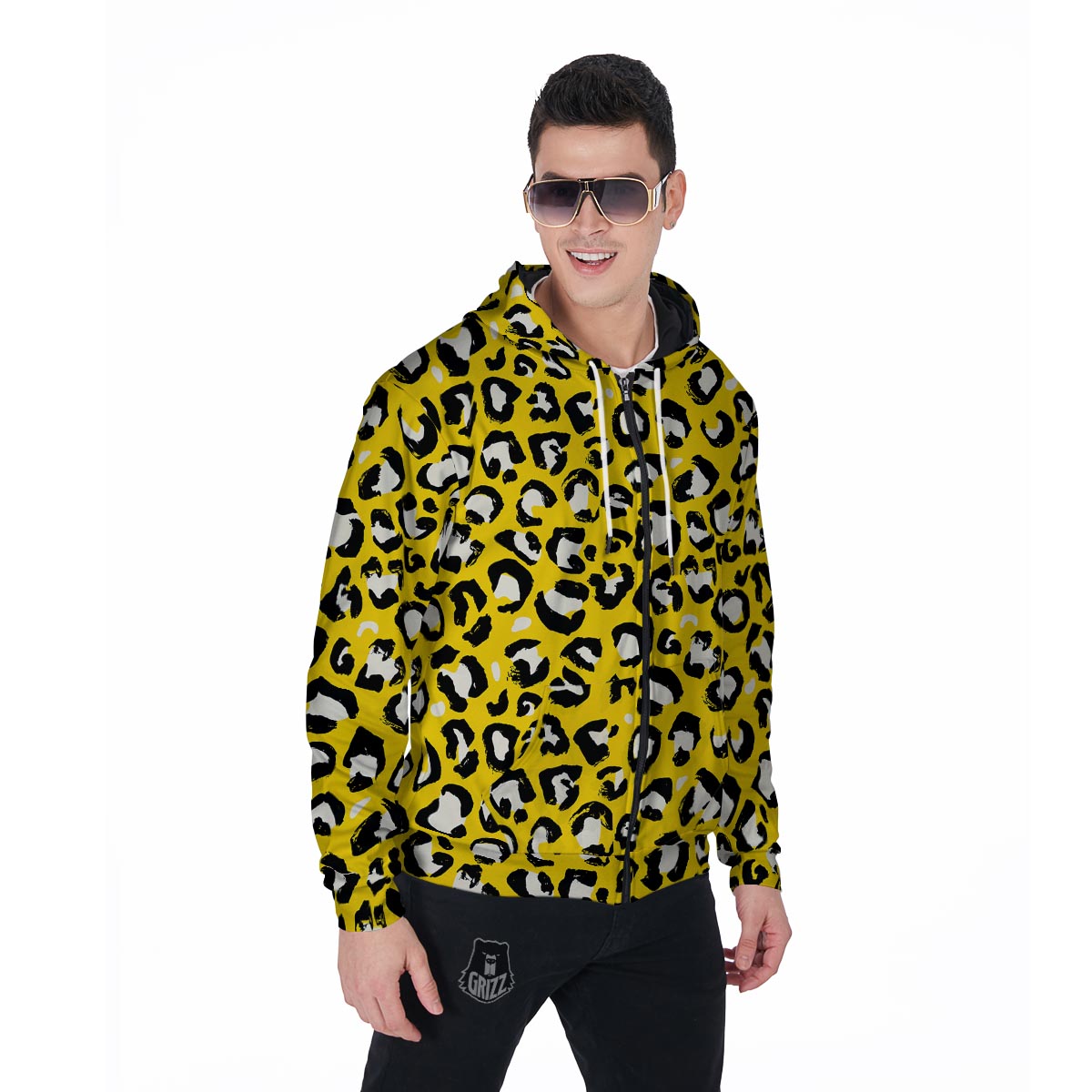 Yellow Leopard Men's Zip Up Hoodie-grizzshop