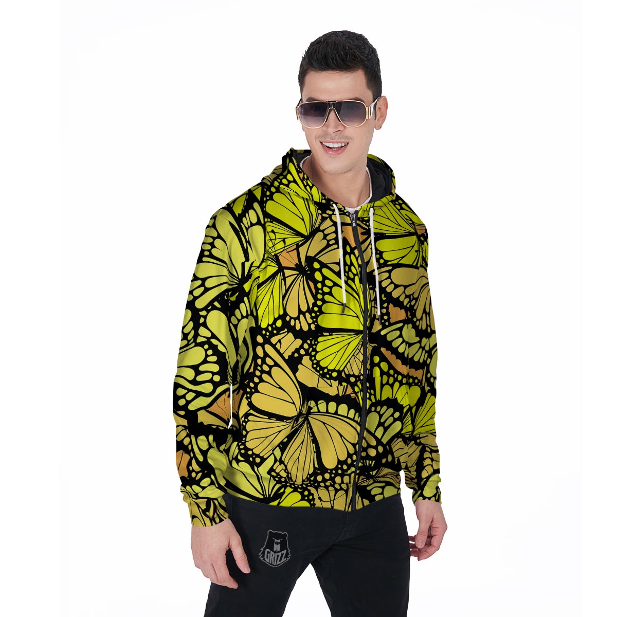 Yellow Monarch Butterfly Men's Zip Up Hoodie-grizzshop