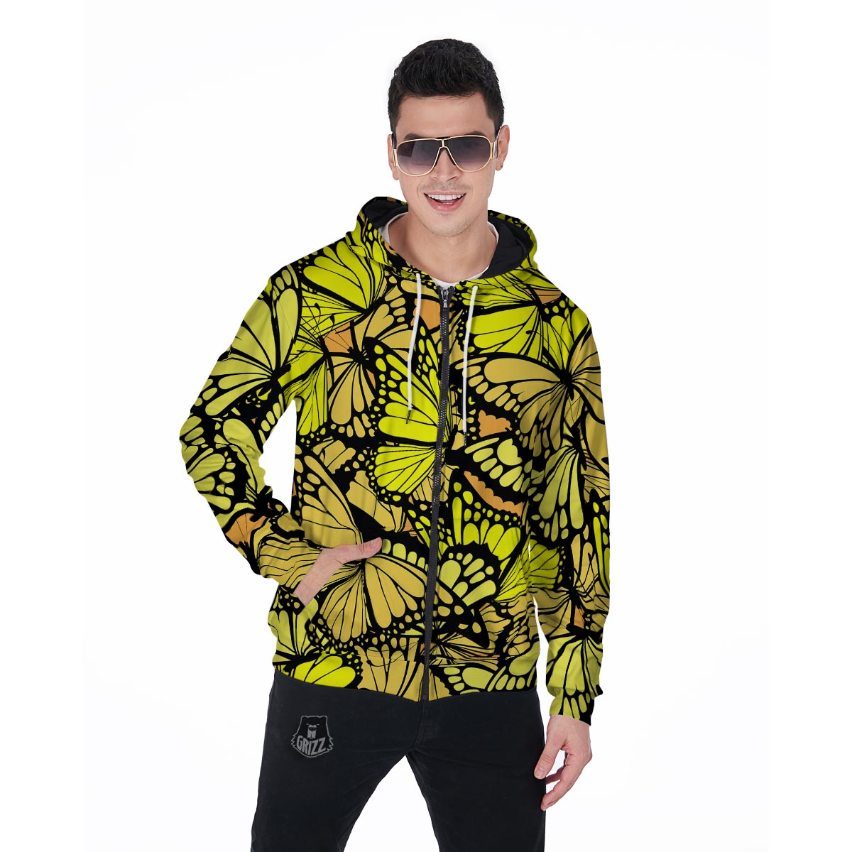 Yellow Monarch Butterfly Men's Zip Up Hoodie-grizzshop
