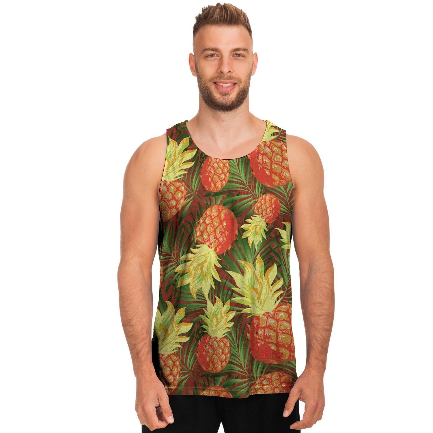 Yellow Neon Pineapple Hawaiian Print Men's Tank Tops-grizzshop