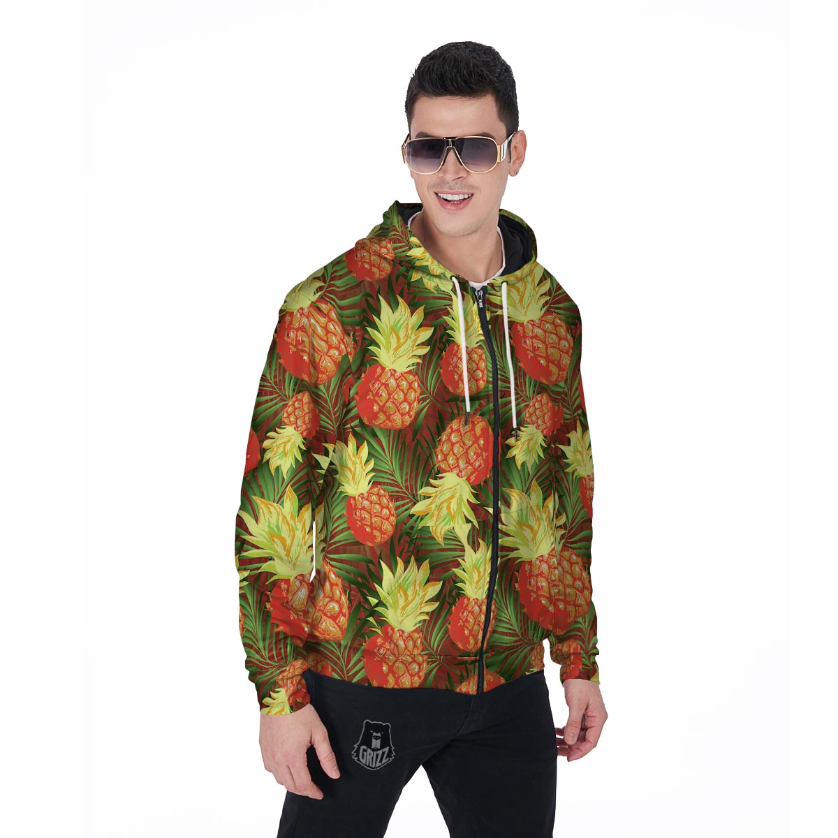 Yellow Neon Pineapple Hawaiian Print Men's Zip Up Hoodie-grizzshop