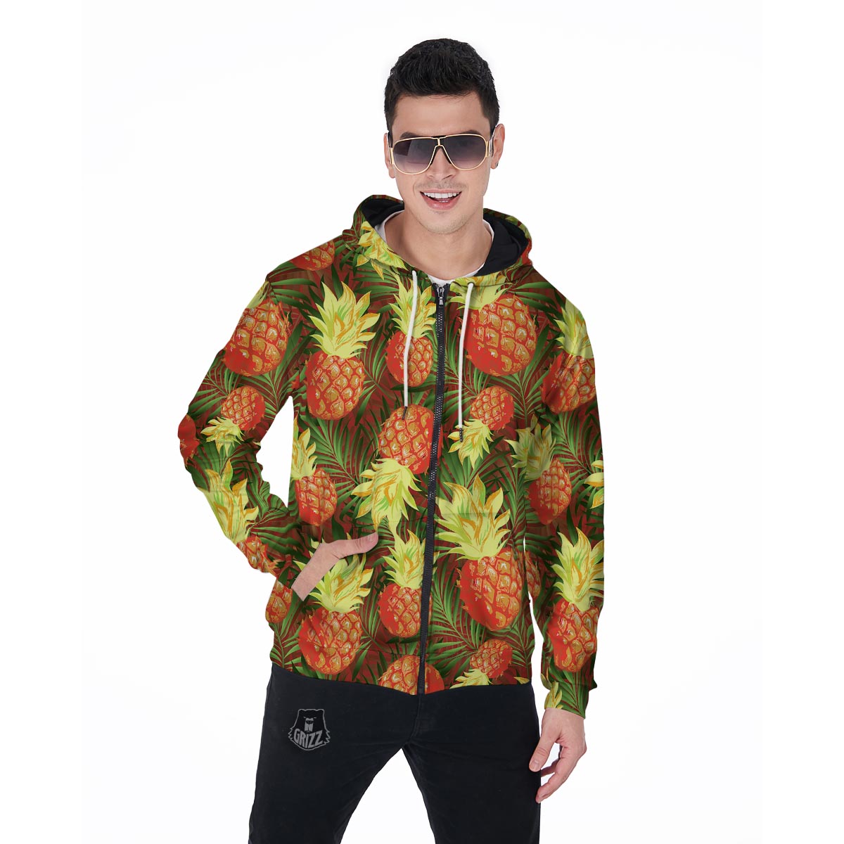 Yellow Neon Pineapple Hawaiian Print Men's Zip Up Hoodie-grizzshop