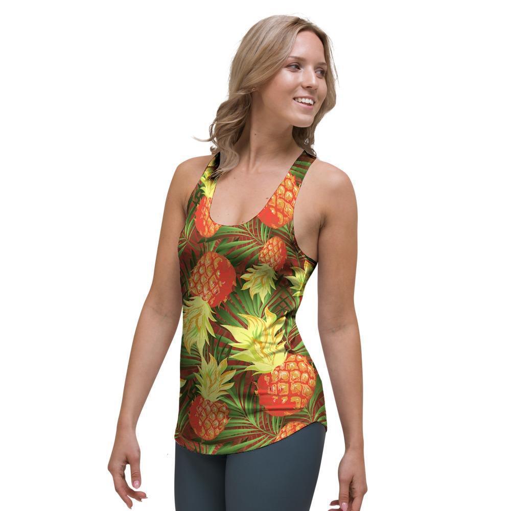 Yellow Neon Pineapple Hawaiian Print Women's Racerback Tank Top-grizzshop