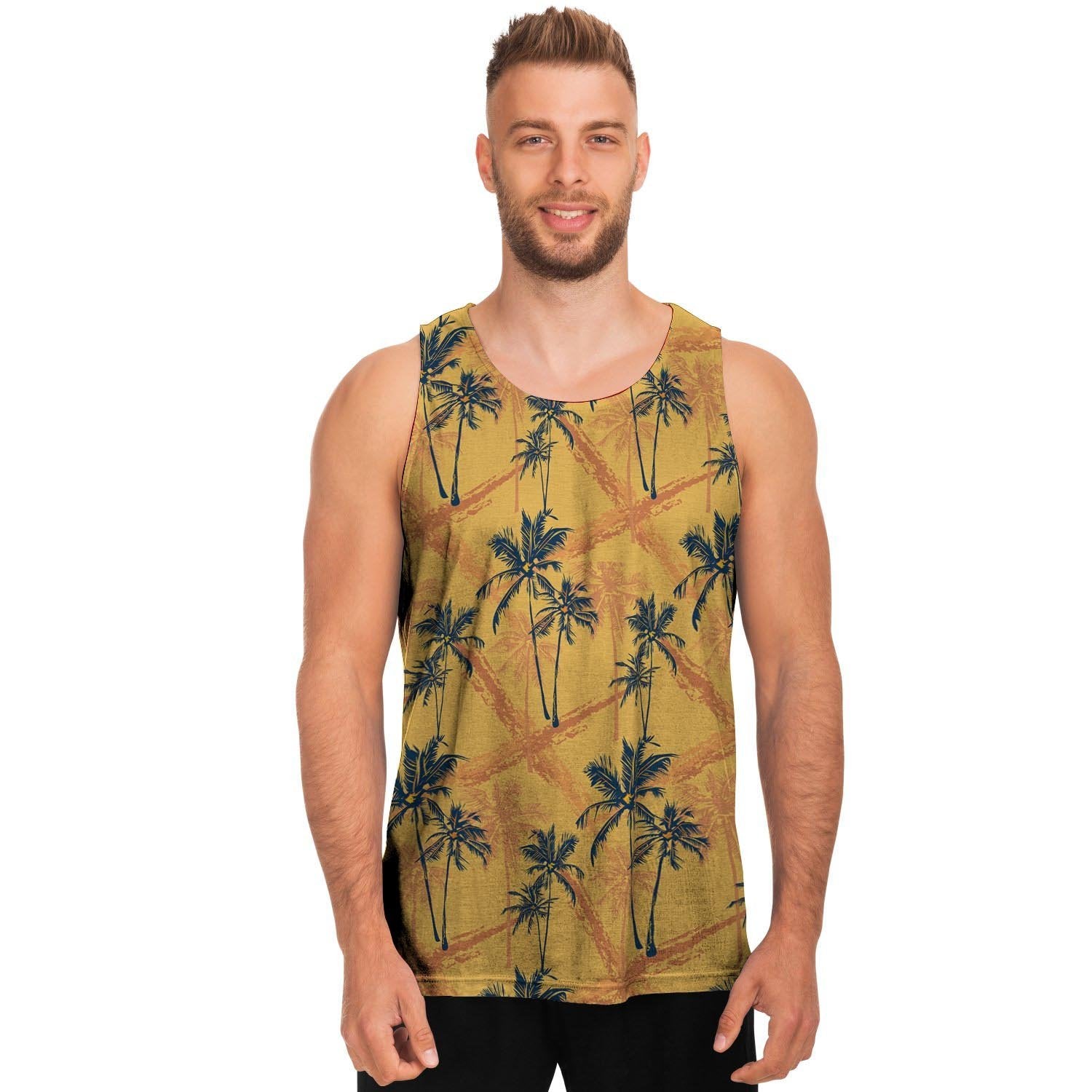 Yellow Palm Tree Hawaiian Print Men's Tank Tops-grizzshop