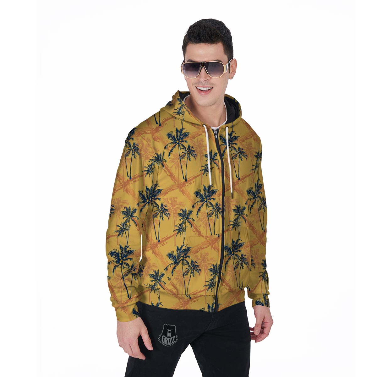 Yellow Palm Tree Hawaiian Print Men's Zip Up Hoodie-grizzshop