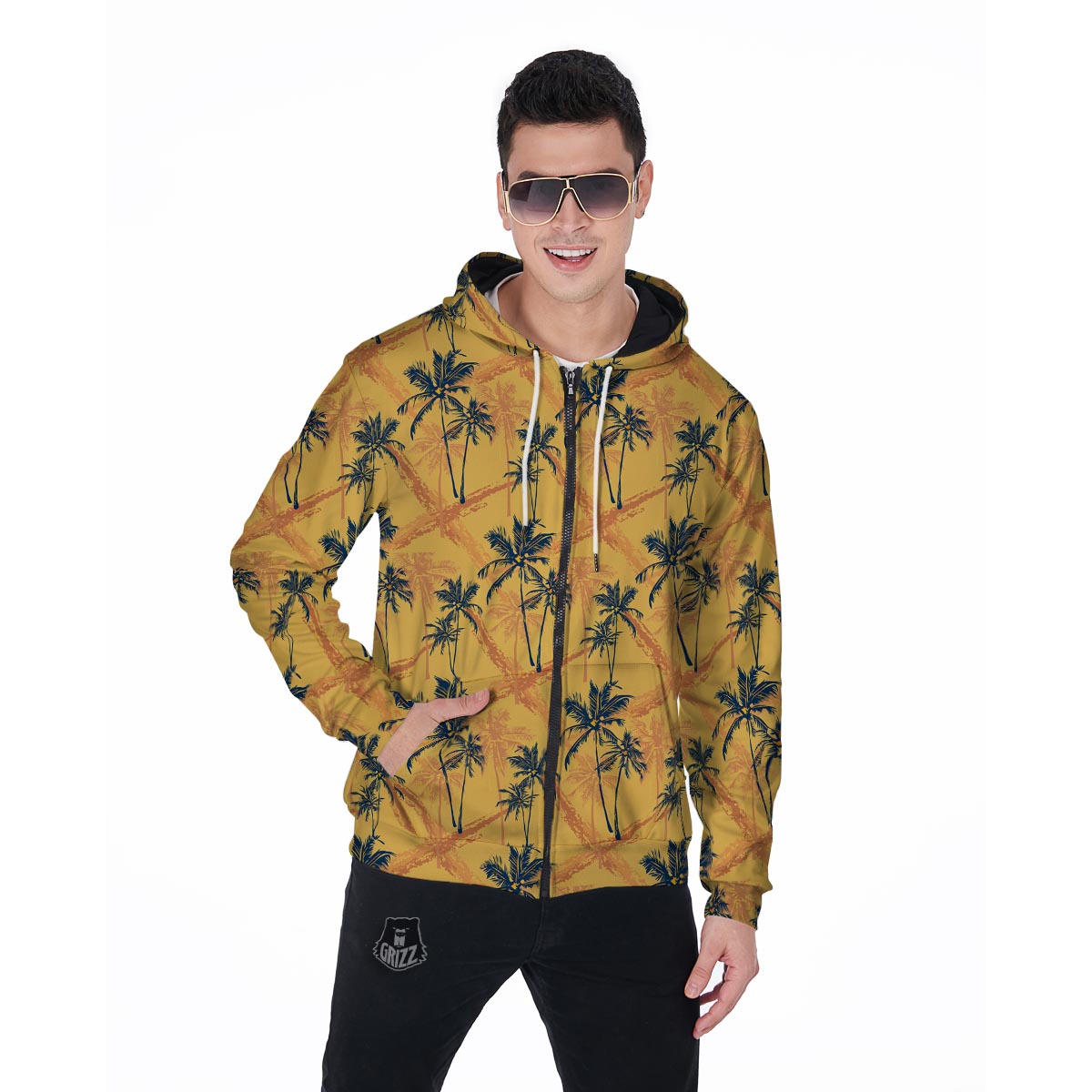 Yellow Palm Tree Hawaiian Print Men's Zip Up Hoodie-grizzshop
