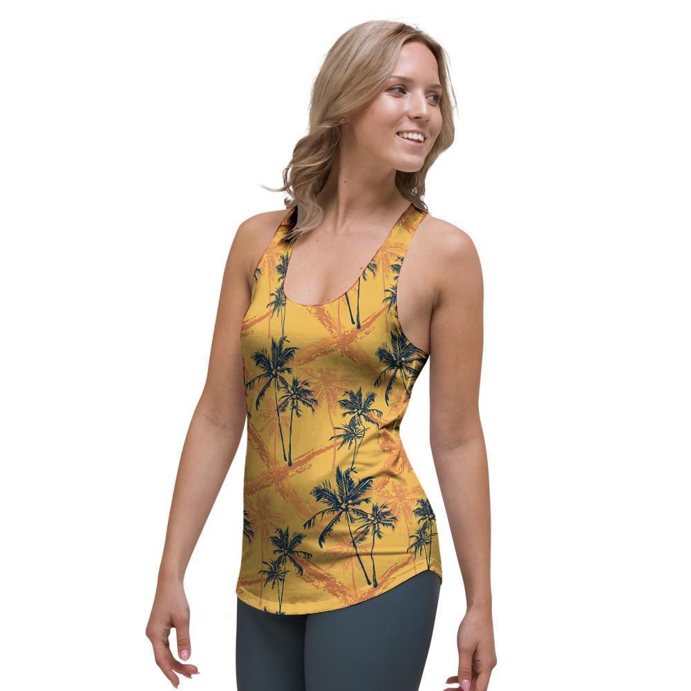 Yellow Palm Tree Hawaiian Print Women's Racerback Tank Top-grizzshop