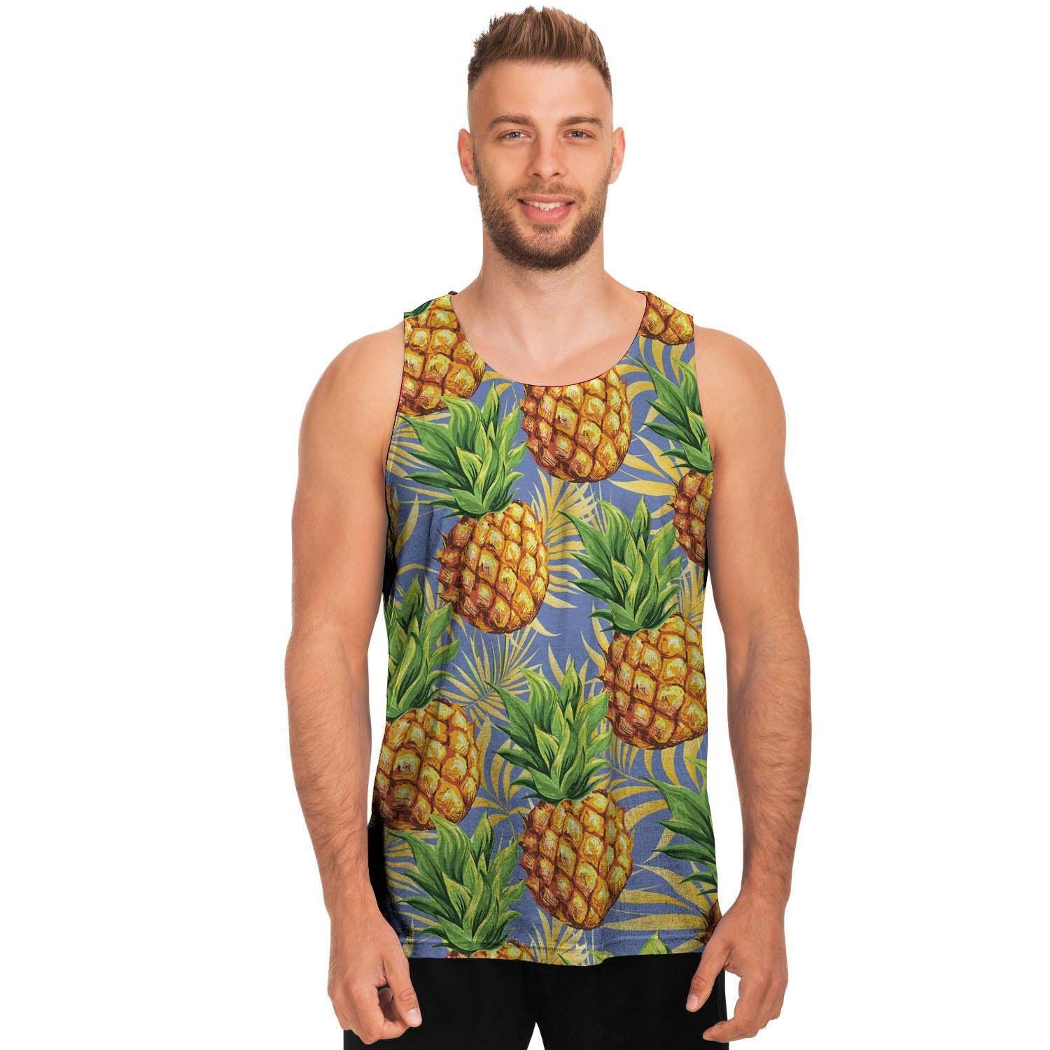 Yellow Pineapple Hawaiian Print Men's Tank Tops-grizzshop