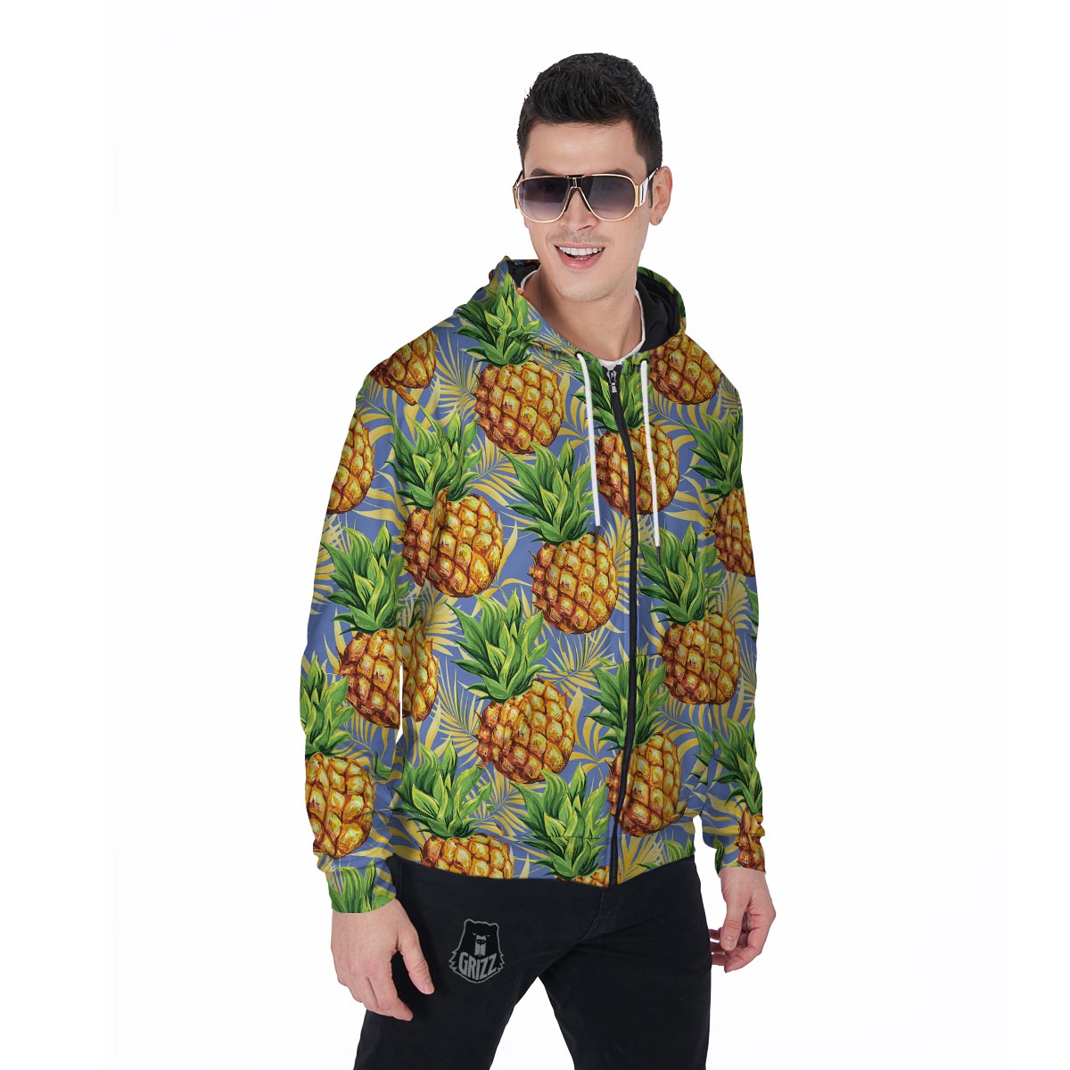 Yellow Pineapple Hawaiian Print Men's Zip Up Hoodie-grizzshop